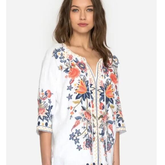 Johnny Was Tops - Johnny Was Linen Tiwa Blouse Tunic Top Small Boho Floral Peasant White​